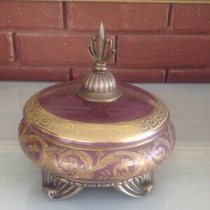 Rare Find - Vintage Bowl with Lid,  Purple and Gold with Metal Base and Finial